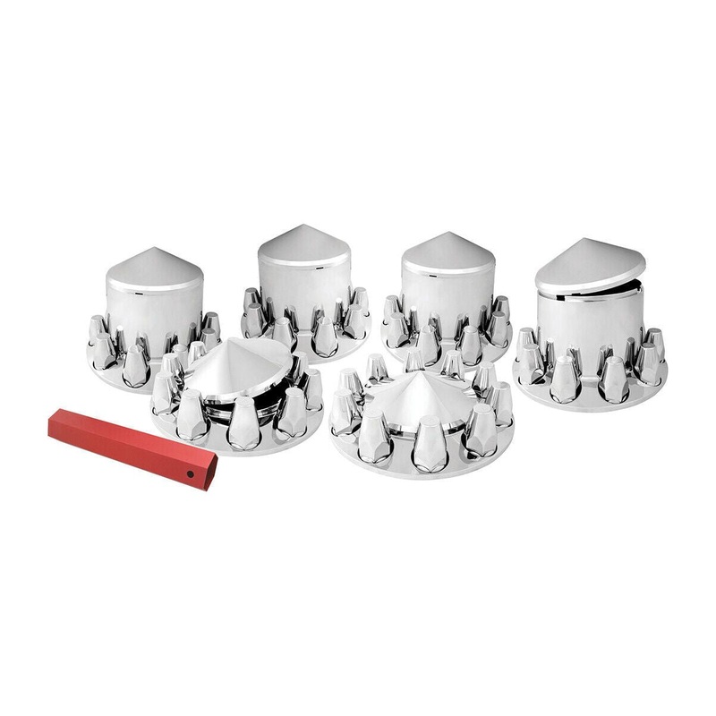 chrome hub cover axle kit 1-1/2 truck push-on front rear set pointed tops 40235