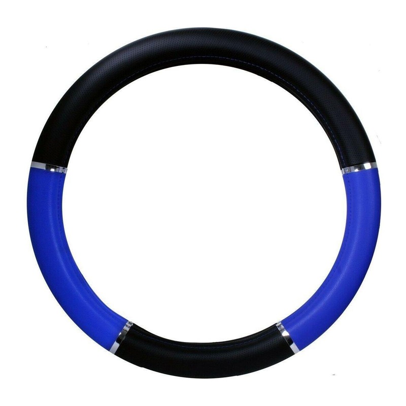54013 truck universal steering wheel cover 18 inch black leather & blue/chrome 54013