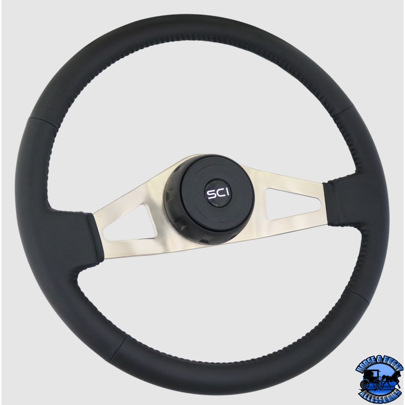 347-3015-77004 Steering Creations Marion 18 Black Leather Rim, Nickel Plated 2-Spoke Wheel (3-Hole)