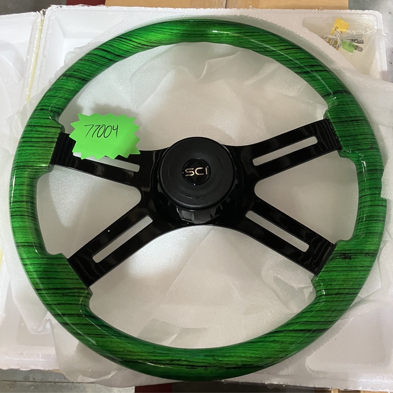 SC-77004 Custom Wheel – 18 Printed Green Wood Rim, Black Chrome 4-Spoke w/Slot Cut Outs, Matching Bezel, Black Horn Button