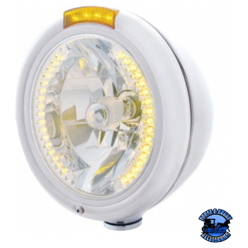 CHROME CLASSIC HEADLIGHT H4 WITH 34 AMBER LED & LED SIGNAL – AMBER LENS #32480
