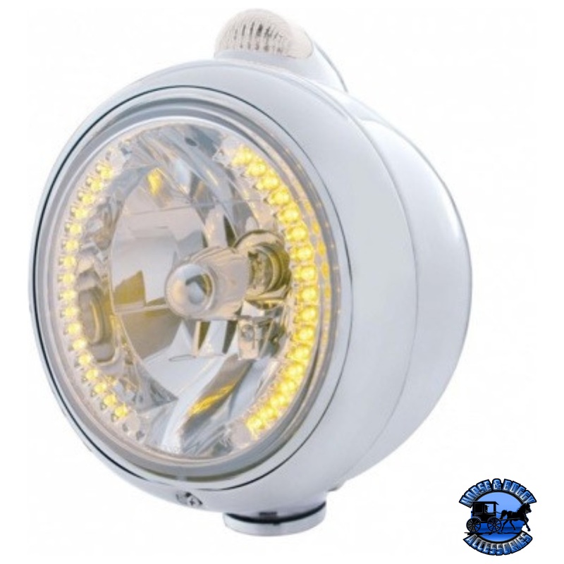 CHROME GUIDE 682-C HEADLIGHT H4 WITH 34 AMBER LED & LED SIGNAL – CLEAR LENS #32429