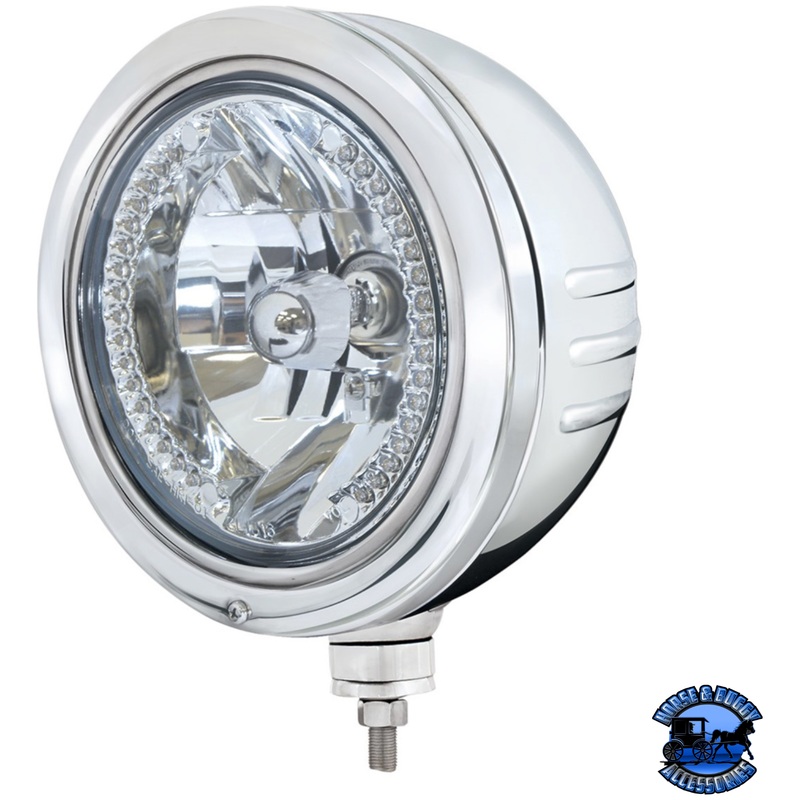 STAINLESS BULLET EMBOSSED STRIPE HEADLIGHT HOUSING WITH 34 AMBER LED CRYSTAL HALOGEN HEADLIGHT #32774