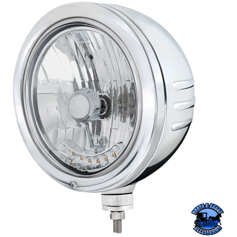 STAINLESS BULLET EMBOSSED STRIPE HEADLIGHT HOUSING WITH 6 AMBER LED CRYSTAL HALOGEN HEADLIGHT #32777