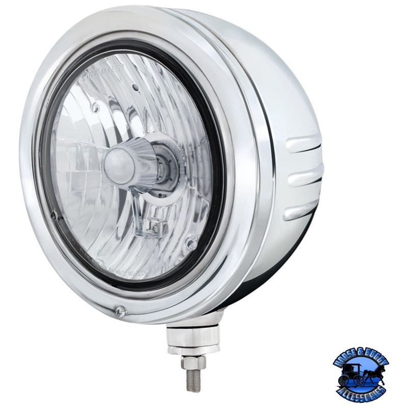 STAINLESS BULLET EMBOSSED STRIPE HEADLIGHT HOUSING WITH CRYSTAL H4 HALOGEN HEADLIGHT #32776