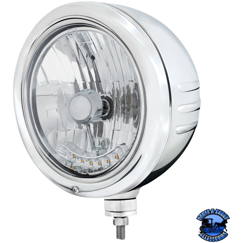 STAINLESS CLASSIC EMBOSSED STRIPE HEADLIGHT HOUSING WITH 6 AMBER LED CRYSTAL HALOGEN HEADLIGHT #32769