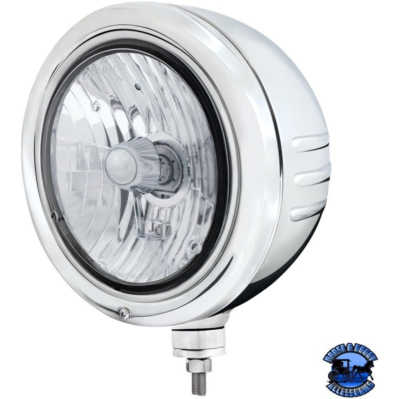 STAINLESS CLASSIC EMBOSSED STRIPE HEADLIGHT HOUSING WITH CRYSTAL H4 HALOGEN HEADLIGHT #32768