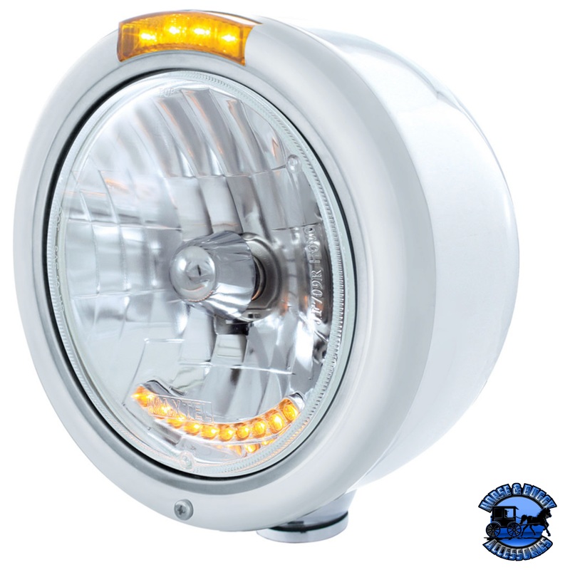 STAINLESS STEEL CLASSIC HALF MOON HEADLIGHT H4 WITH LED TURN SIGNAL – AMBER LED/LENS #32059