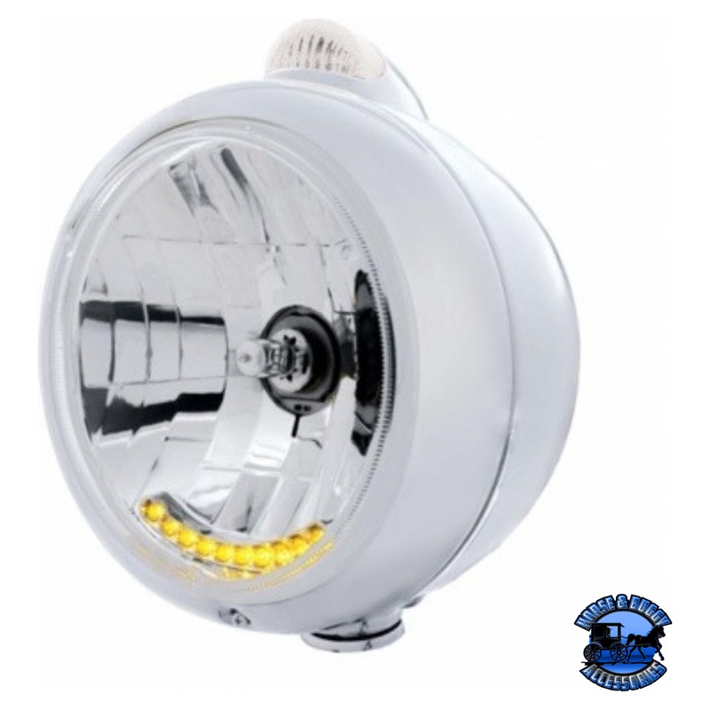 STAINLESS STEEL GUIDE 682-C HEADLIGHT H4 WITH 6 AMBER LED & LED SIGNAL – CLEAR LENS #32039
